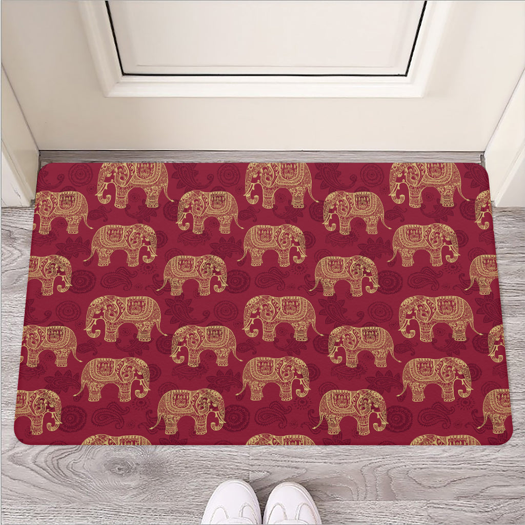 Gold And Red Boho Elephant Print Rubber Doormat
