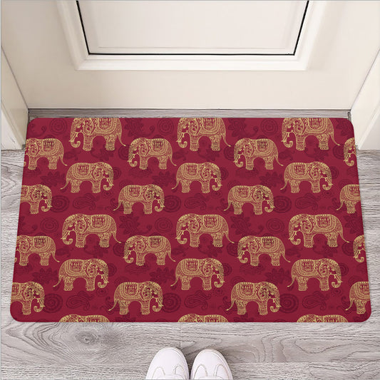 Gold And Red Boho Elephant Print Rubber Doormat