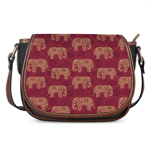 Gold And Red Boho Elephant Print Saddle Bag