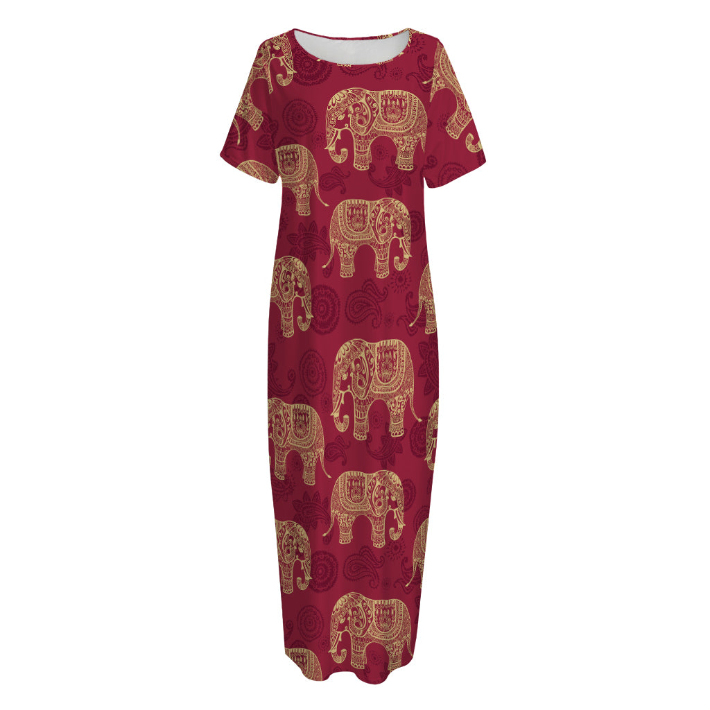 Gold And Red Boho Elephant Print Short Sleeve Long Nightdress