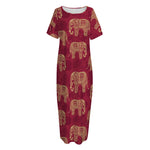 Gold And Red Boho Elephant Print Short Sleeve Long Nightdress