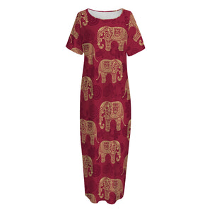 Gold And Red Boho Elephant Print Short Sleeve Long Nightdress