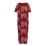 Gold And Red Boho Elephant Print Short Sleeve Long Nightdress