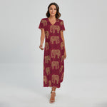 Gold And Red Boho Elephant Print Short Sleeve Maxi Dress
