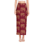 Gold And Red Boho Elephant Print Side Slit Maxi Skirt