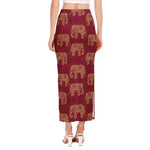 Gold And Red Boho Elephant Print Side Slit Maxi Skirt