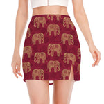 Gold And Red Boho Elephant Print Side Slit Mini Skirt