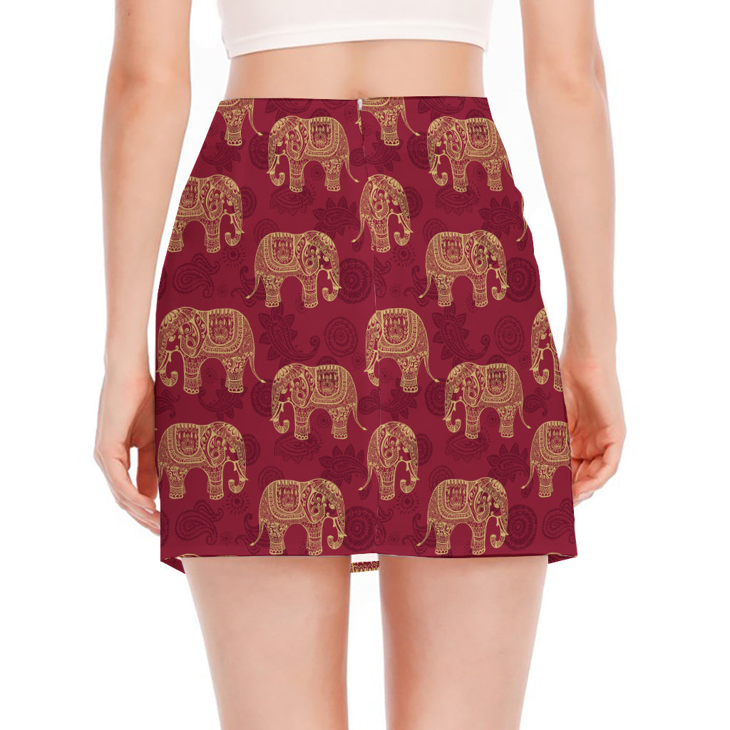 Gold And Red Boho Elephant Print Side Slit Mini Skirt