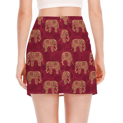 Gold And Red Boho Elephant Print Side Slit Mini Skirt