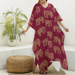 Gold And Red Boho Elephant Print Silk V-Neck Kaftan Dress