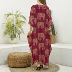 Gold And Red Boho Elephant Print Silk V-Neck Kaftan Dress