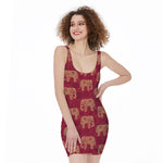 Gold And Red Boho Elephant Print Sleeveless Bodycon Dress