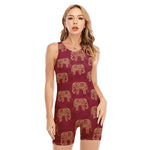 Gold And Red Boho Elephant Print Sleeveless One Piece Swimsuit