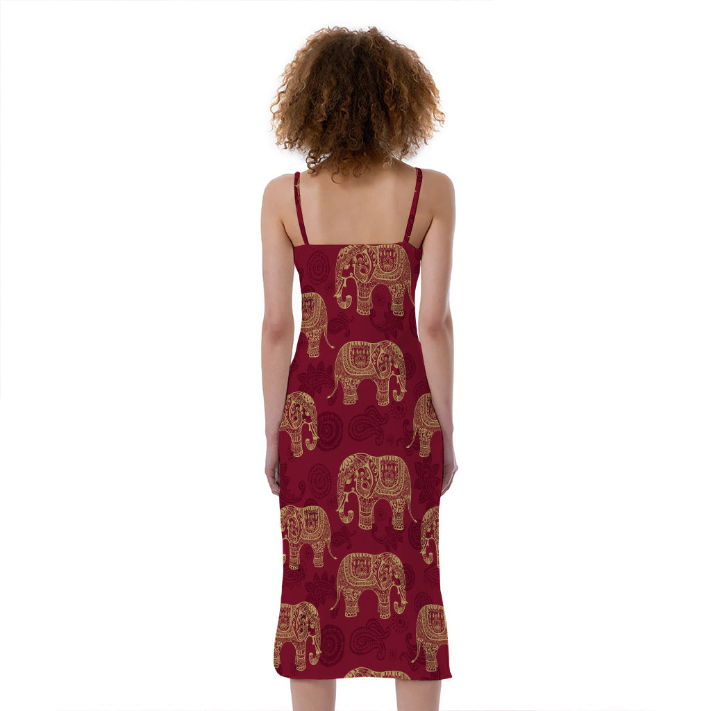 Gold And Red Boho Elephant Print Slim Fit Midi Cami Dress