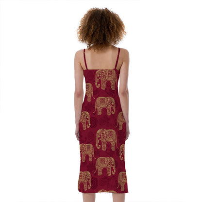 Gold And Red Boho Elephant Print Slim Fit Midi Cami Dress