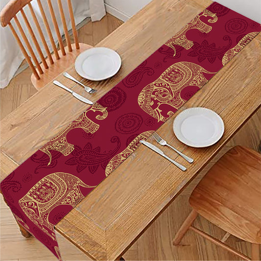 Gold And Red Boho Elephant Print Table Runner