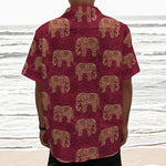 Gold And Red Boho Elephant Print Textured Short Sleeve Shirt