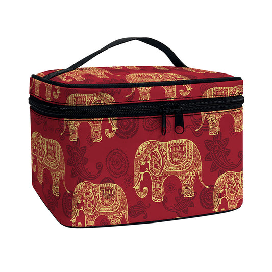 Gold And Red Boho Elephant Print Travel Makeup Bag