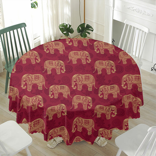 Gold And Red Boho Elephant Print Waterproof Round Tablecloth