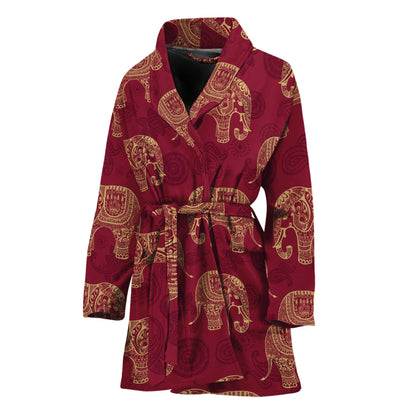 Gold And Red Boho Elephant Print Women's Bathrobe