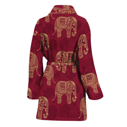 Gold And Red Boho Elephant Print Women's Bathrobe