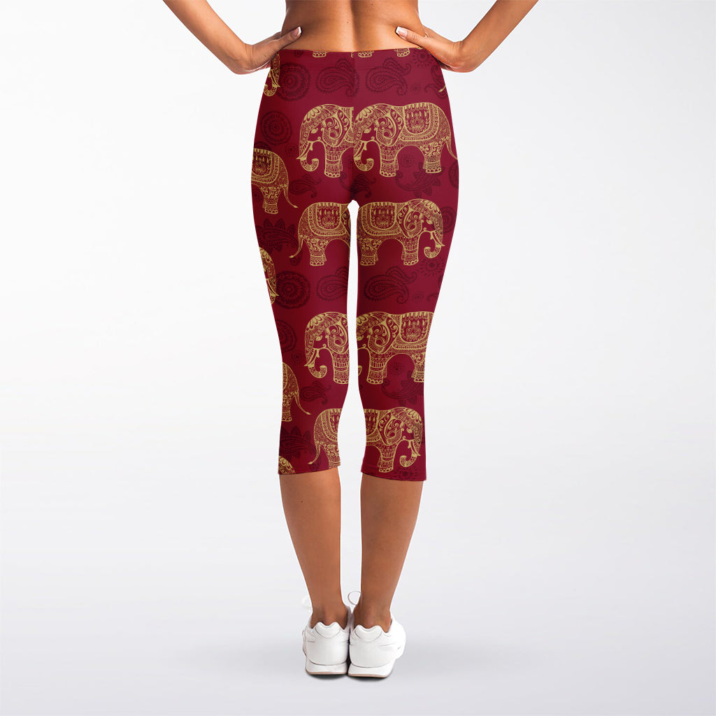 Gold And Red Boho Elephant Print Women's Capri Leggings