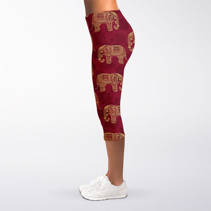 Gold And Red Boho Elephant Print Women's Capri Leggings