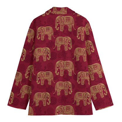 Gold And Red Boho Elephant Print Women's Cotton Blazer