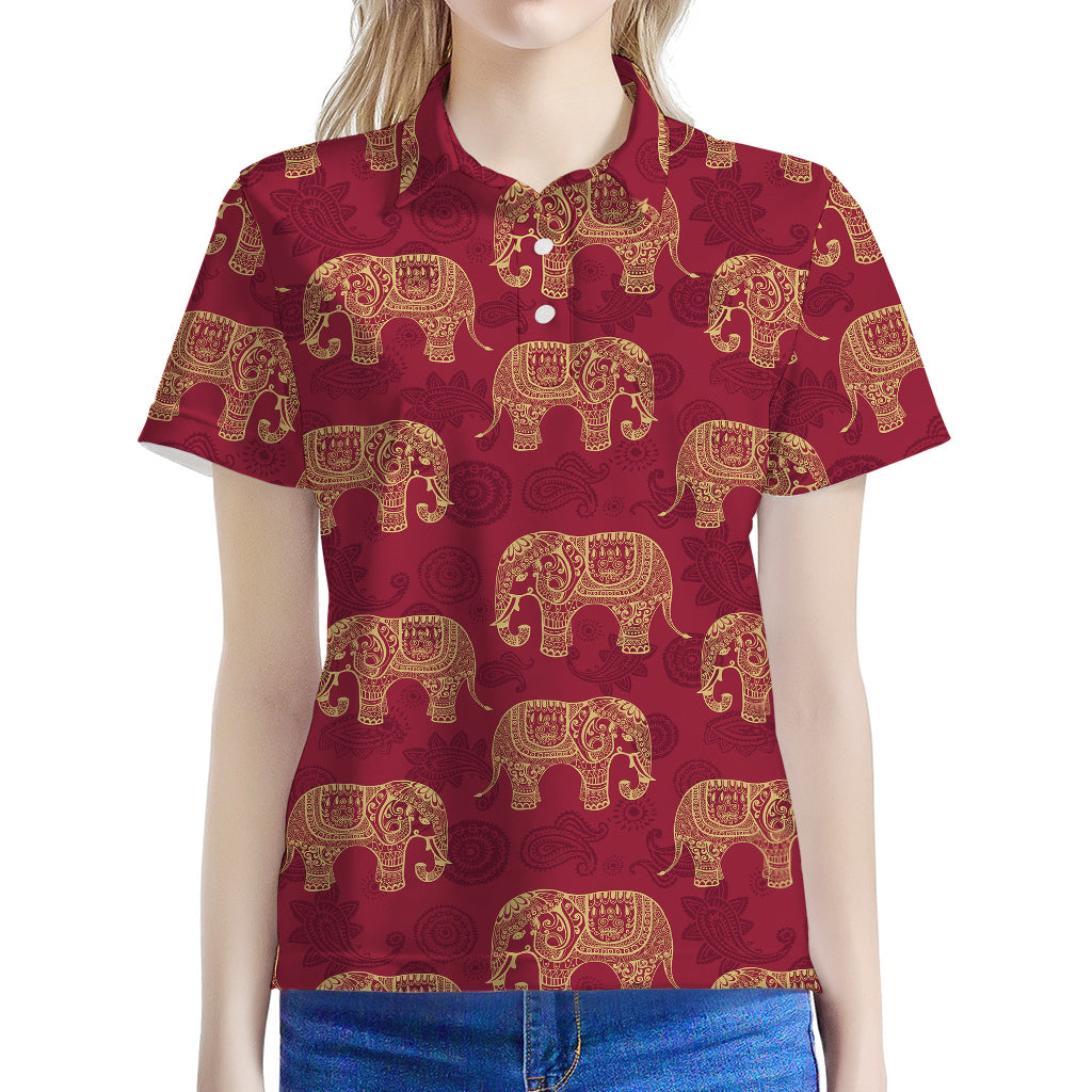 Gold And Red Boho Elephant Print Women's Polo Shirt