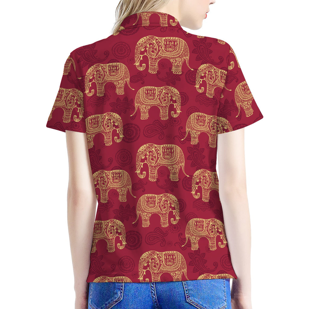 Gold And Red Boho Elephant Print Women's Polo Shirt