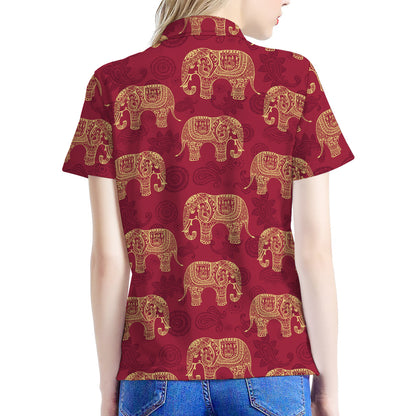 Gold And Red Boho Elephant Print Women's Polo Shirt