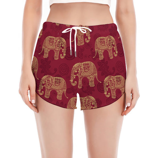 Gold And Red Boho Elephant Print Women's Split Running Shorts