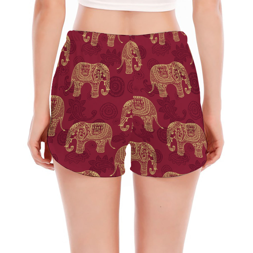 Gold And Red Boho Elephant Print Women's Split Running Shorts