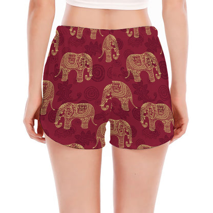 Gold And Red Boho Elephant Print Women's Split Running Shorts