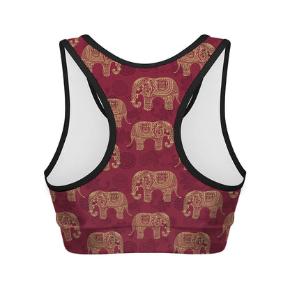 Gold And Red Boho Elephant Print Women's Sports Bra
