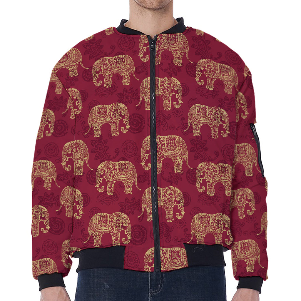 Gold And Red Boho Elephant Print Zip Sleeve Bomber Jacket