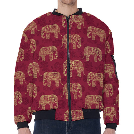 Gold And Red Boho Elephant Print Zip Sleeve Bomber Jacket
