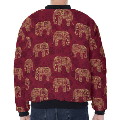 Gold And Red Boho Elephant Print Zip Sleeve Bomber Jacket