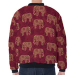 Gold And Red Boho Elephant Print Zip Sleeve Bomber Jacket