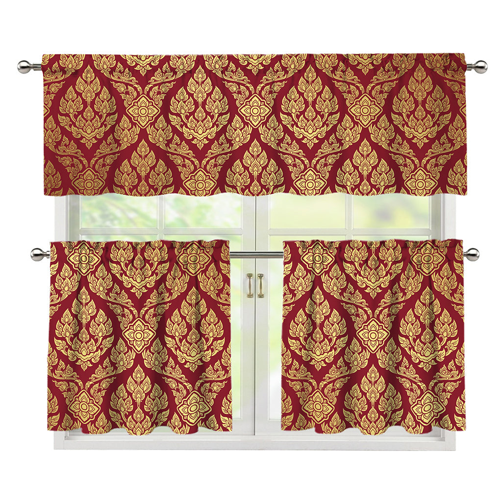 Gold And Red Thai Pattern Print 3 Piece Kitchen Curtains