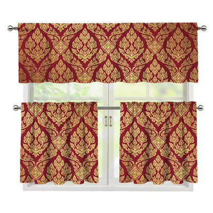 Gold And Red Thai Pattern Print 3 Piece Kitchen Curtains