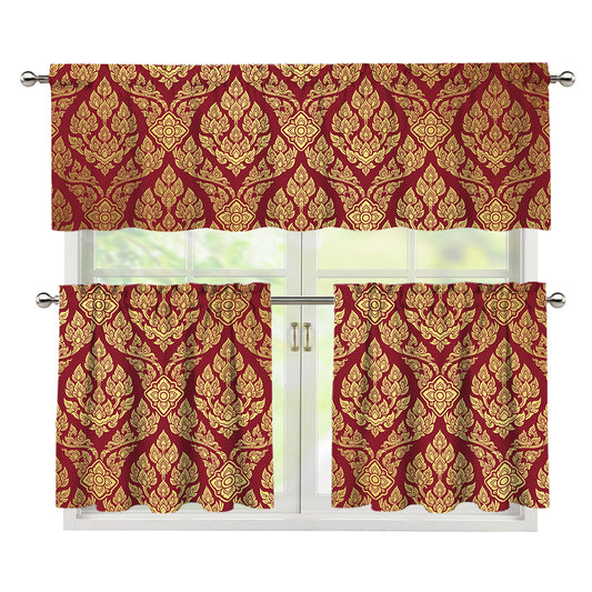 Gold And Red Thai Pattern Print 3 Piece Kitchen Curtains