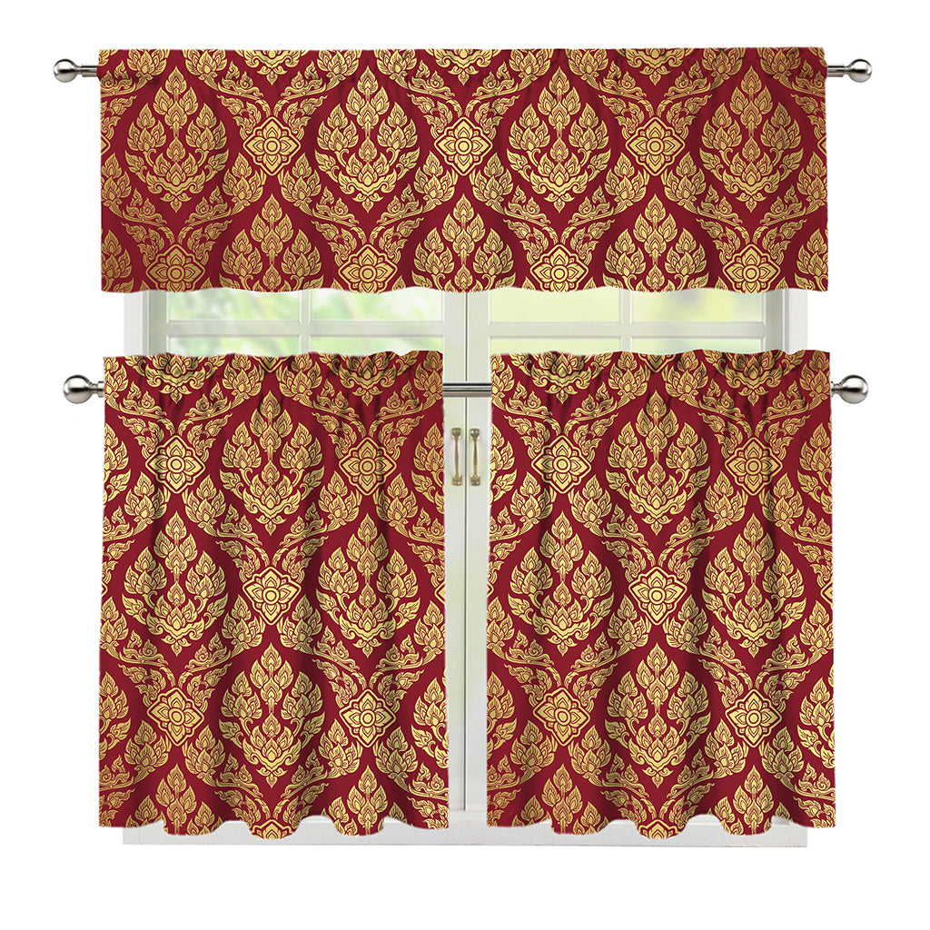 Gold And Red Thai Pattern Print 3 Piece Kitchen Curtains