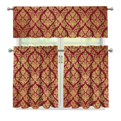 Gold And Red Thai Pattern Print 3 Piece Kitchen Curtains