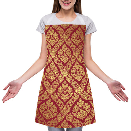 Gold And Red Thai Pattern Print Adjustable Apron
