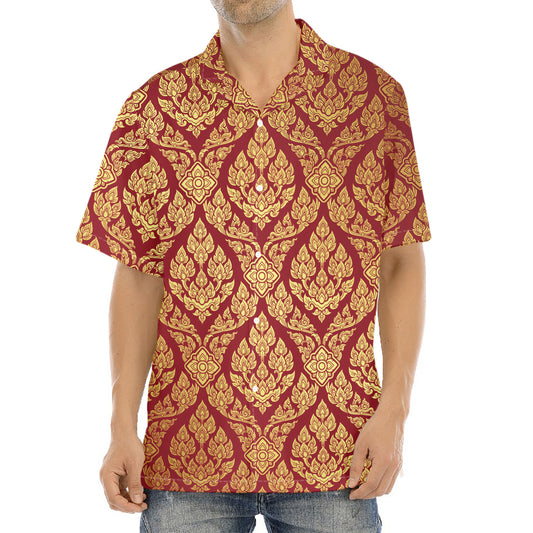 Gold And Red Thai Pattern Print Aloha Shirt