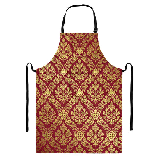 Gold And Red Thai Pattern Print Bib Apron With Pocket
