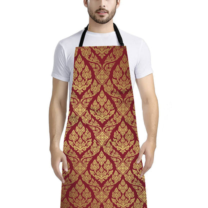Gold And Red Thai Pattern Print Bib Apron With Pocket
