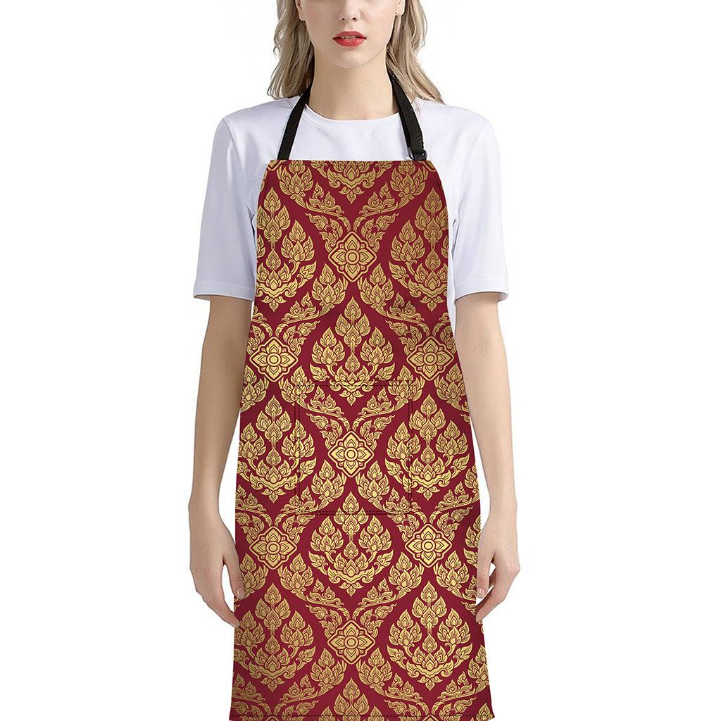 Gold And Red Thai Pattern Print Bib Apron With Pocket