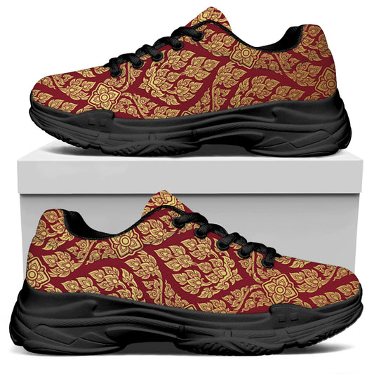 Gold And Red Thai Pattern Print Black Chunky Shoes